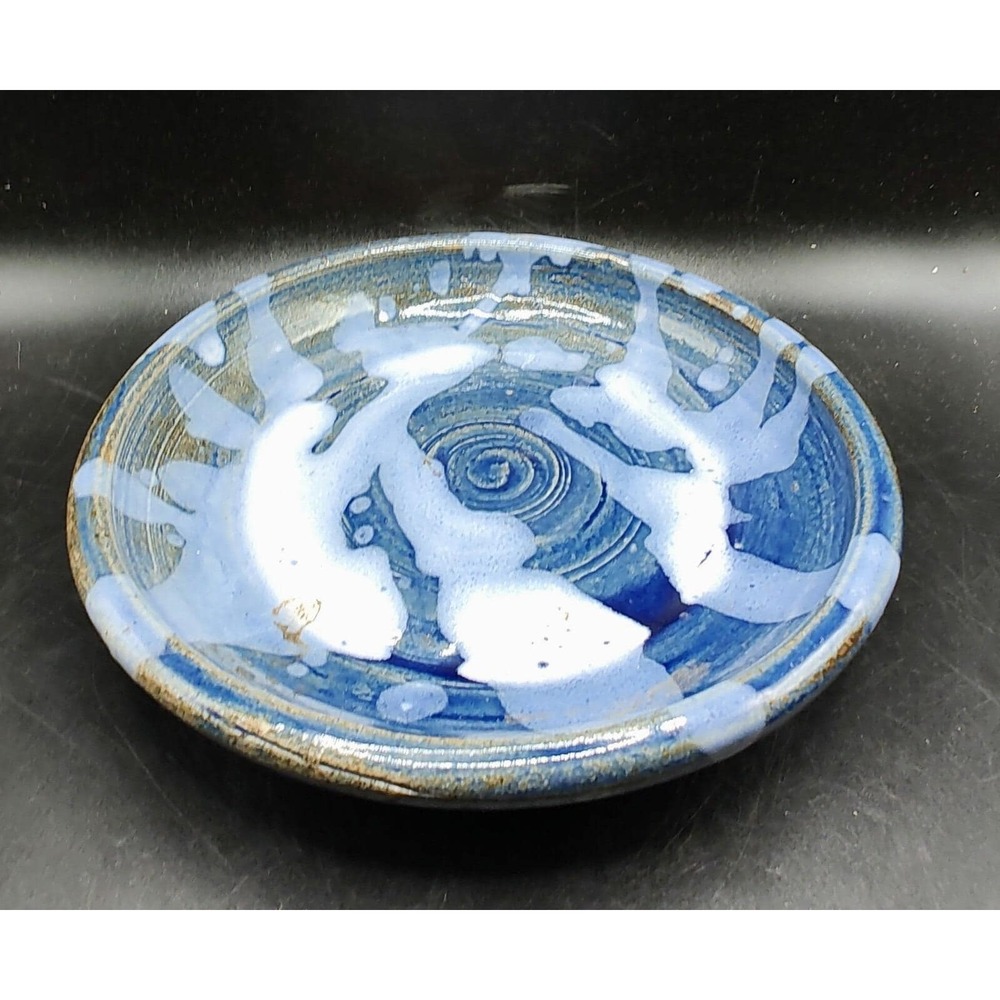 Vintage Ceramic Hand Spun Glazed Decorative Plate Bowl Signed Blue 6.5"